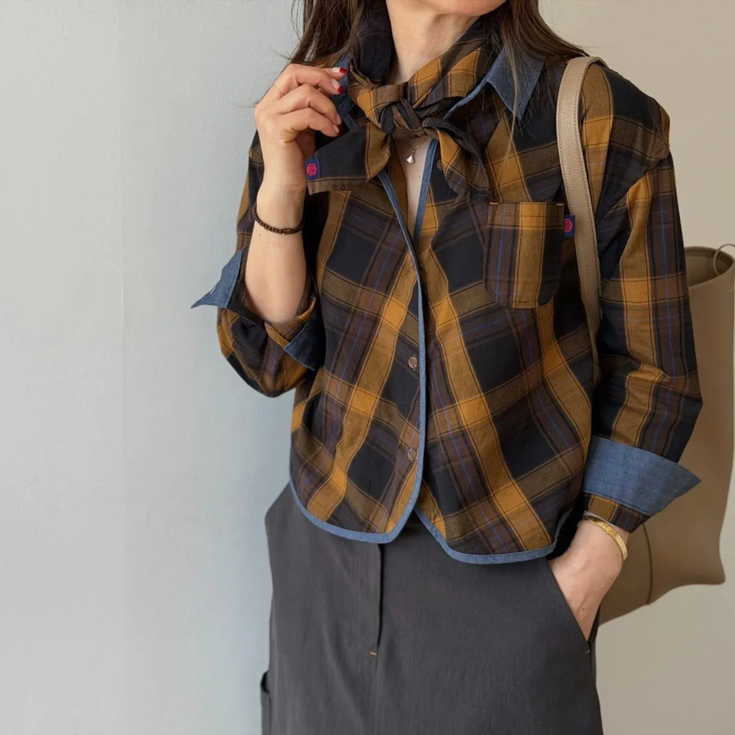 韓 滾邊配色格文襯衫 3色