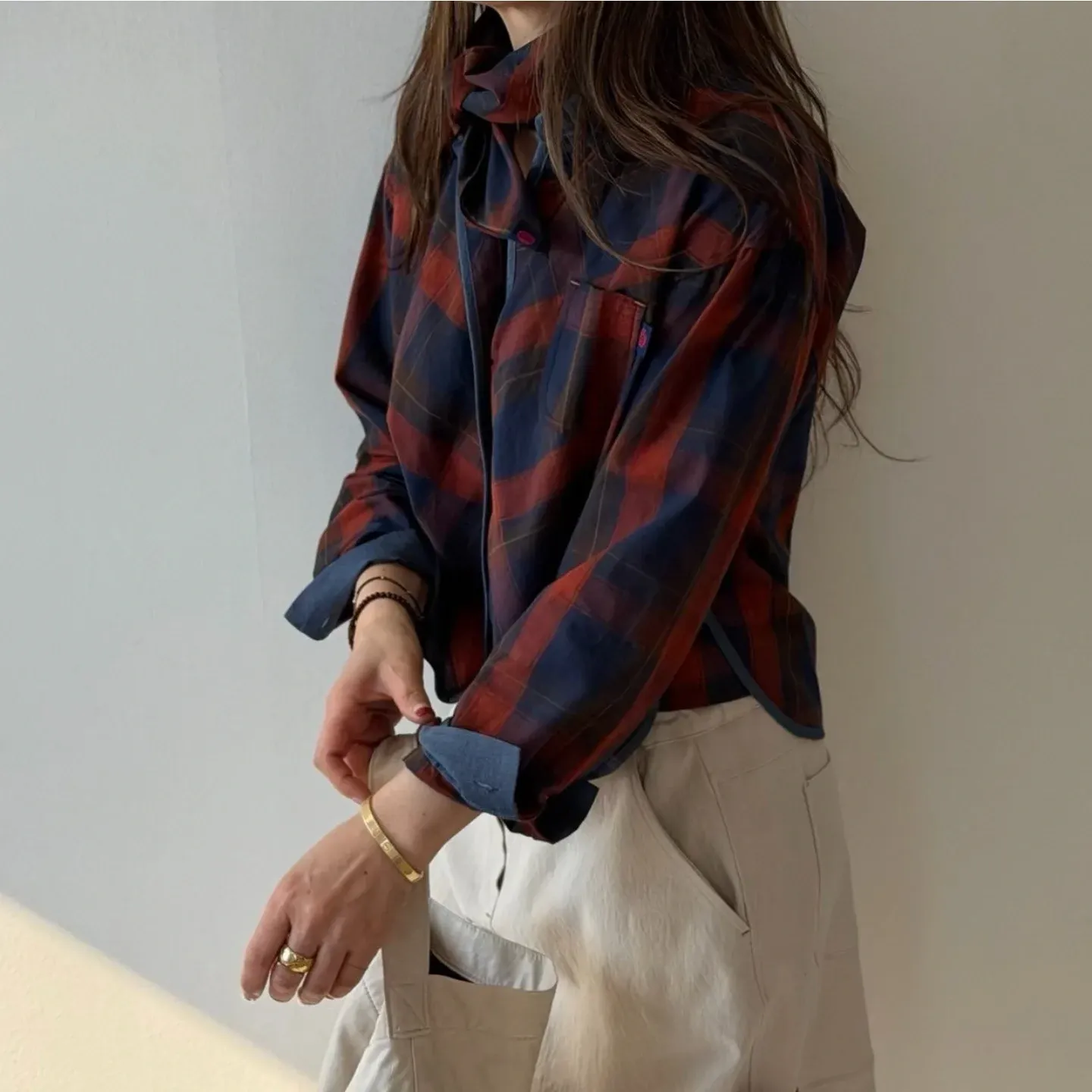 韓 滾邊配色格文襯衫 3色