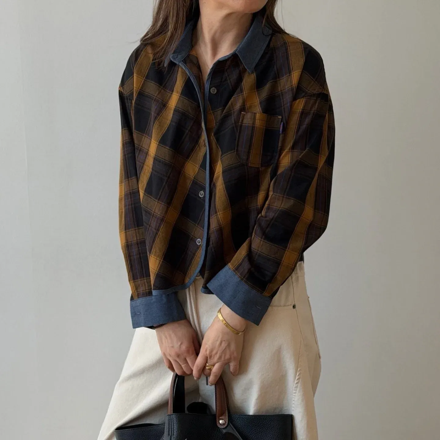 韓 滾邊配色格文襯衫 3色