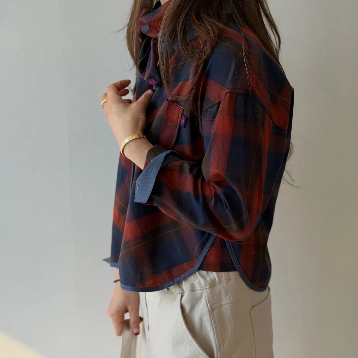 韓 滾邊配色格文襯衫 3色