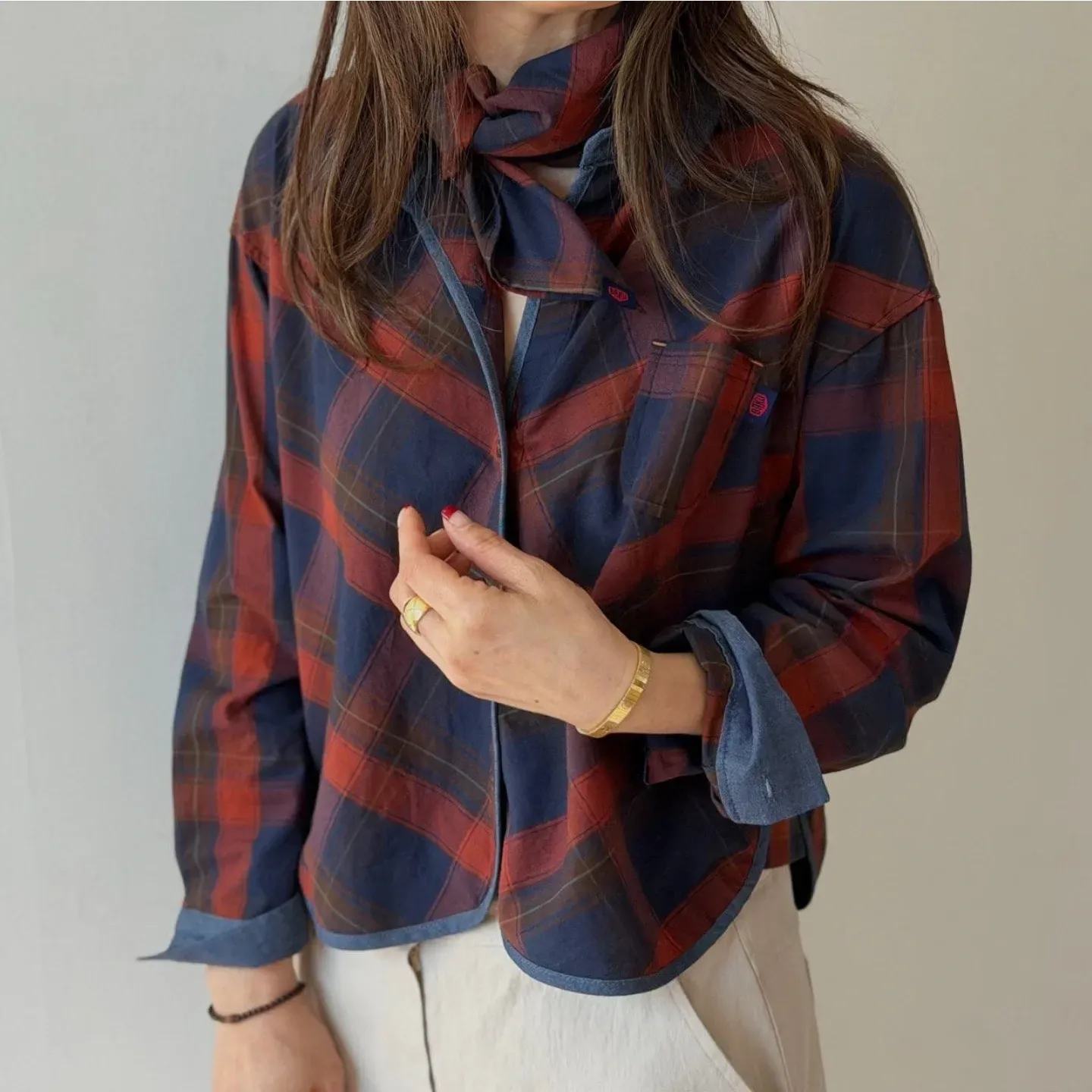 韓 滾邊配色格文襯衫 3色