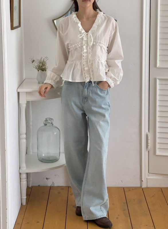 韓 綁帶荷葉領上衣 size