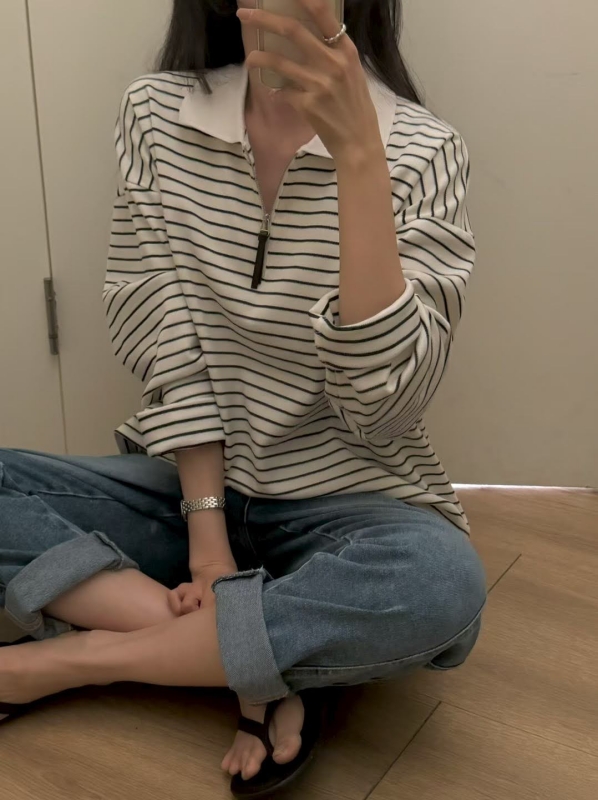 韓 條文有領拉鍊上衣 3色