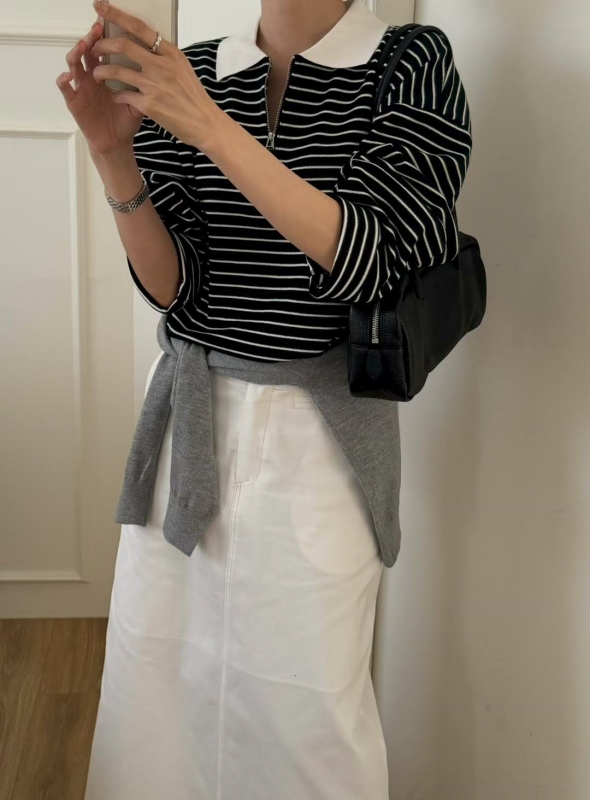 韓 條文有領拉鍊上衣 3色