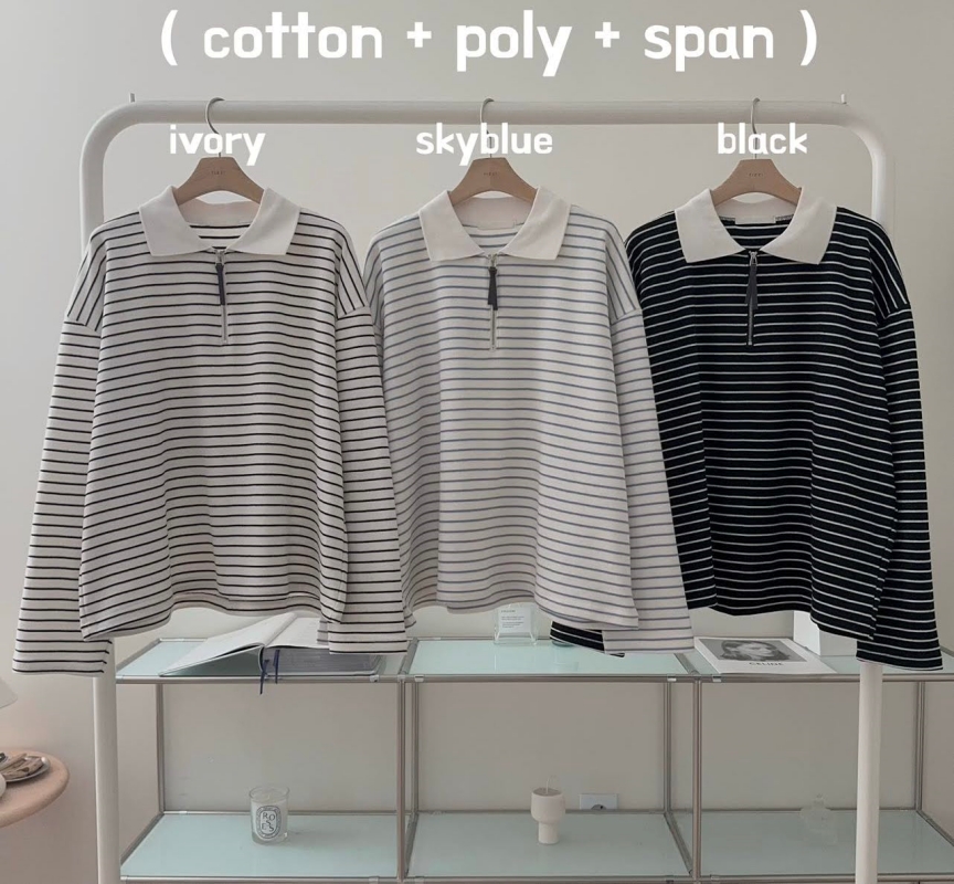 韓 條文有領拉鍊上衣 3色