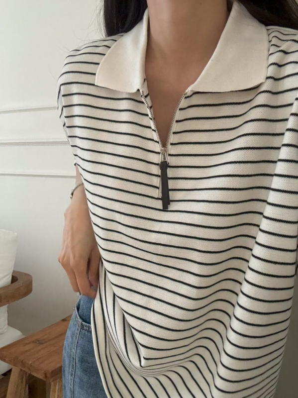 韓 條文有領拉鍊上衣 3色