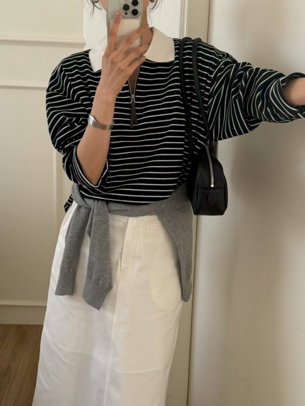 韓 條文有領拉鍊上衣 3色