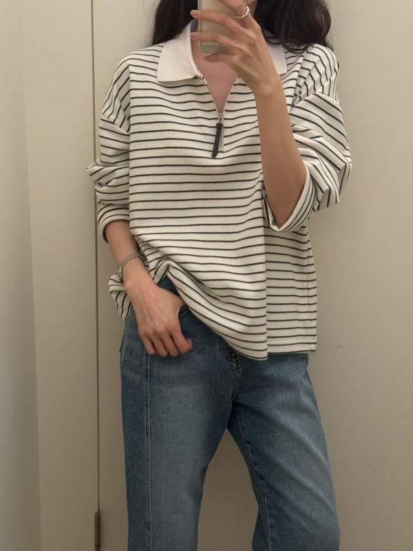 韓 條文有領拉鍊上衣 3色