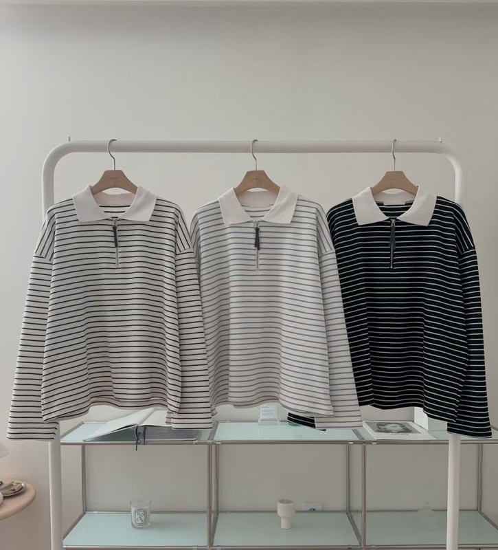 韓 條文有領拉鍊上衣 3色