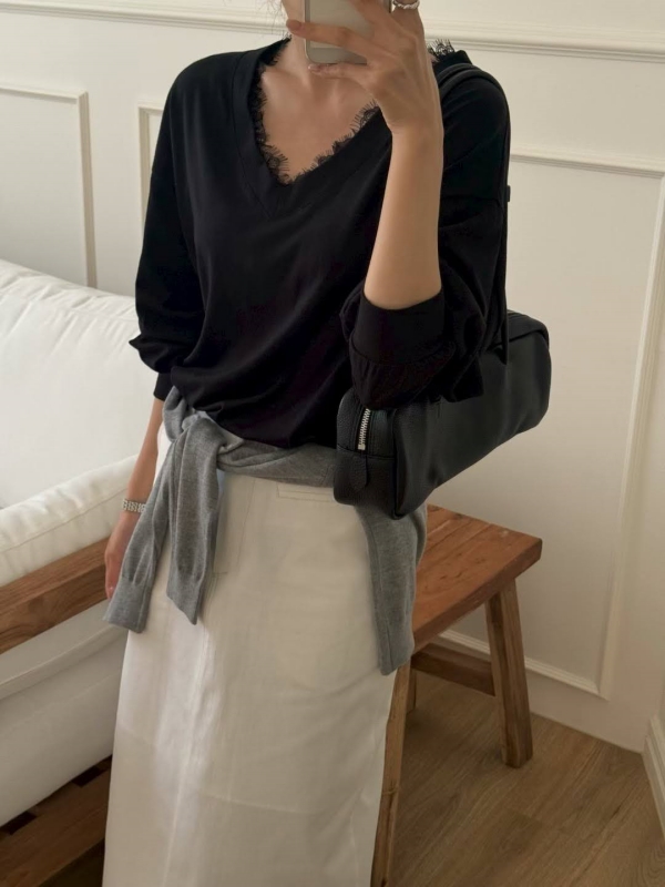 韓 V領織花上衣 3色