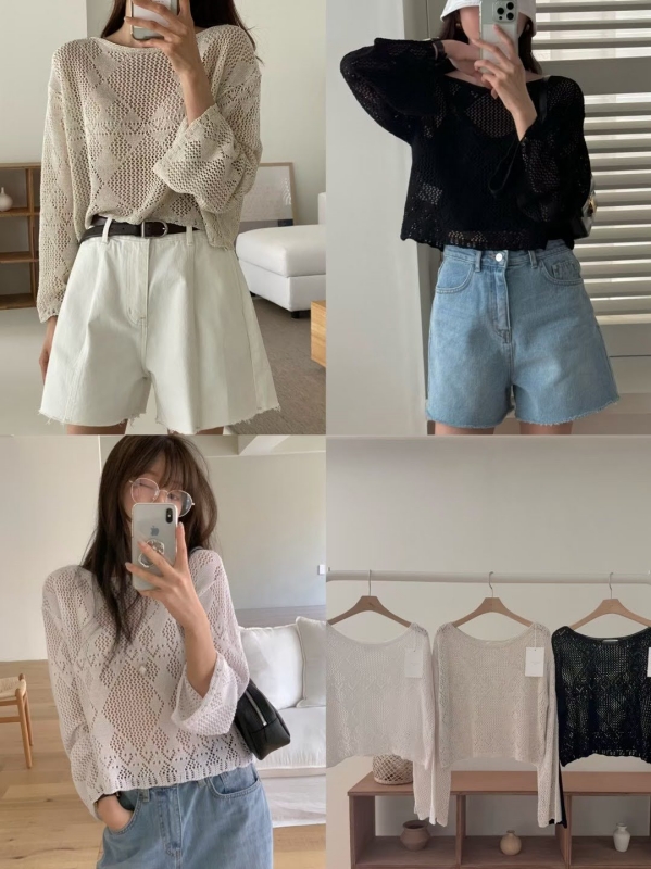 韓 方紋織花上衣 3色