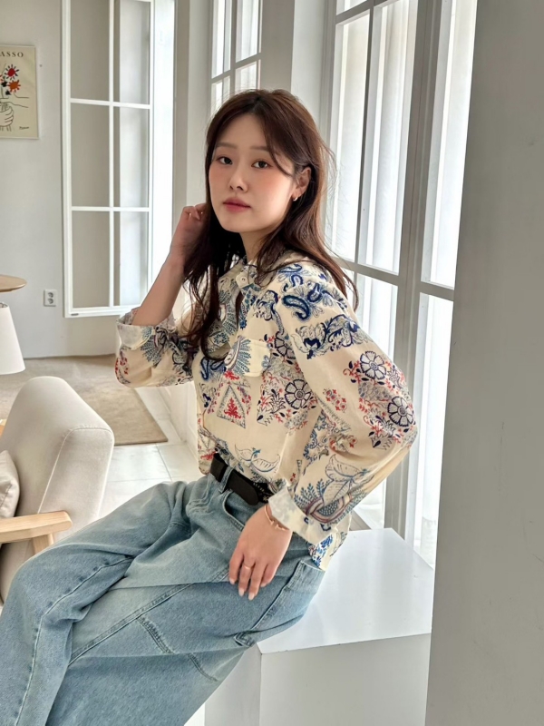 韓 變形蟲印花襯衫 2色