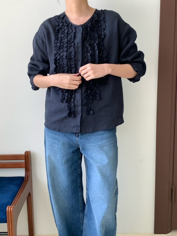 韓 捲捲亞麻氣質上衣 3色