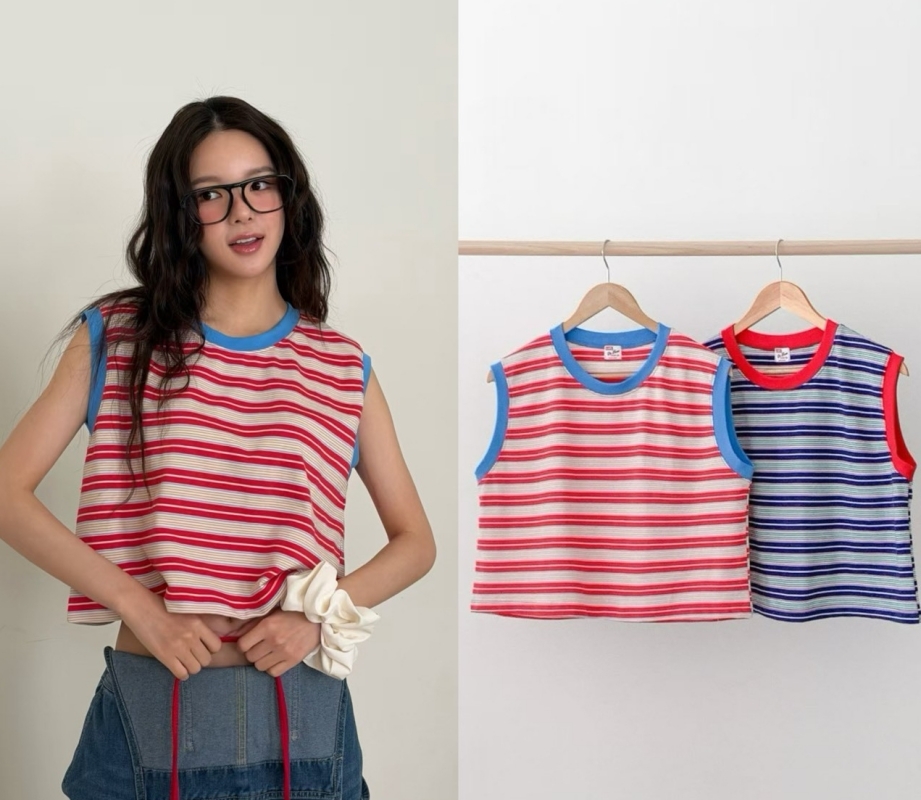 韓 領配色條文無袖上衣 2色