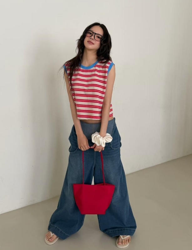 韓 領配色條文無袖上衣 2色