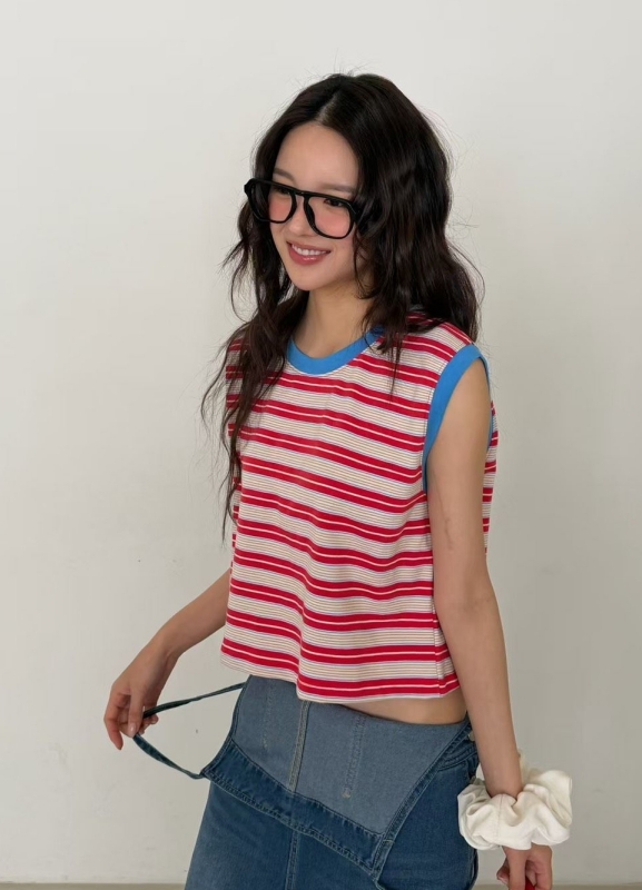 韓 領配色條文無袖上衣 2色