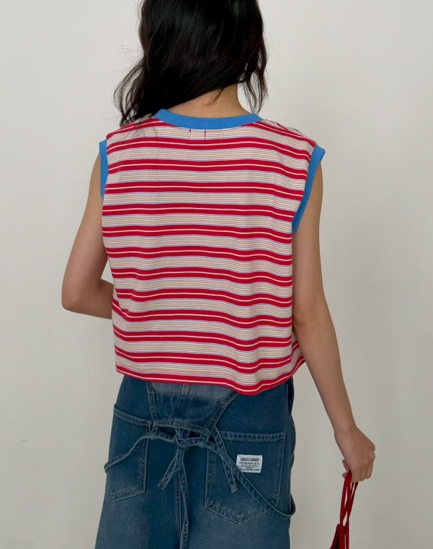 韓 領配色條文無袖上衣 2色