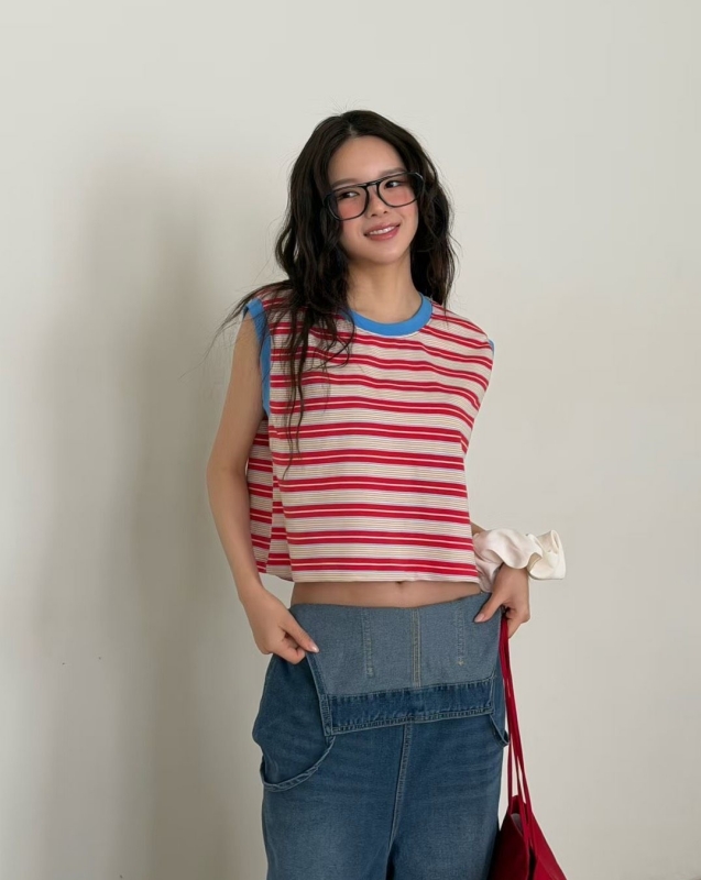 韓 領配色條文無袖上衣 2色