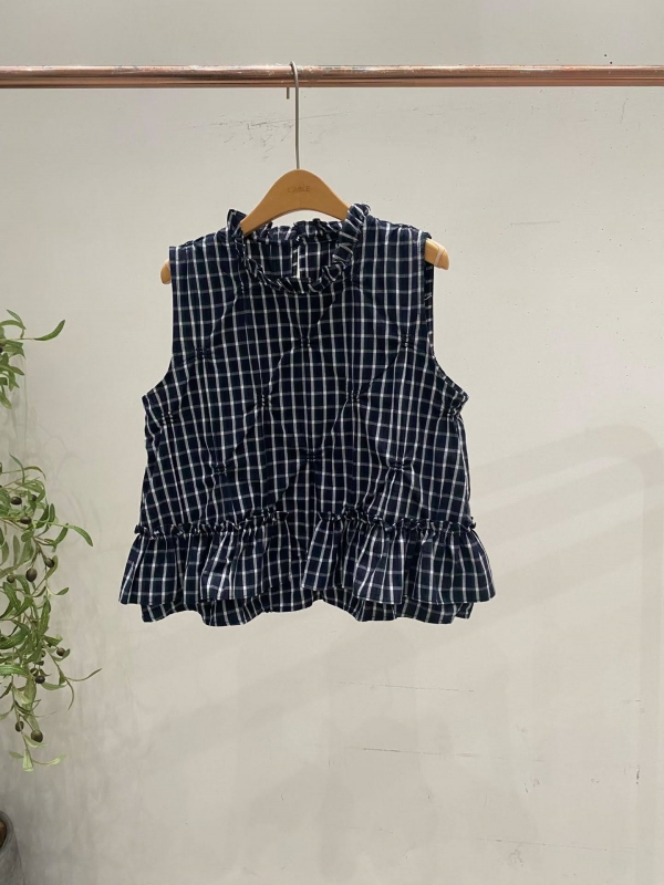 韓 格文荷葉無袖上衣 size