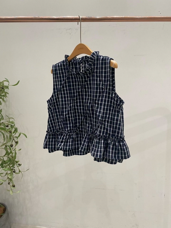 韓 格文荷葉無袖上衣 size