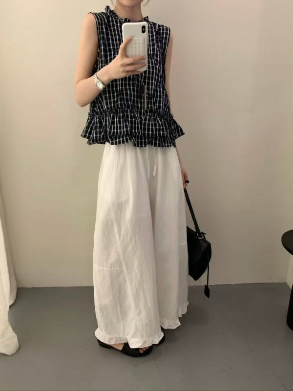 韓 格文荷葉無袖上衣 size