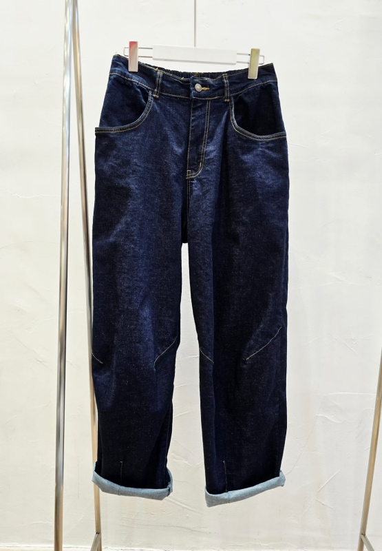 韓 後腰鬆緊深藍牛仔褲