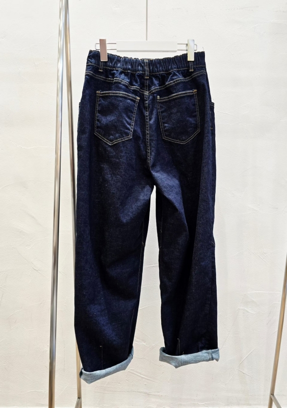 韓 後腰鬆緊深藍牛仔褲