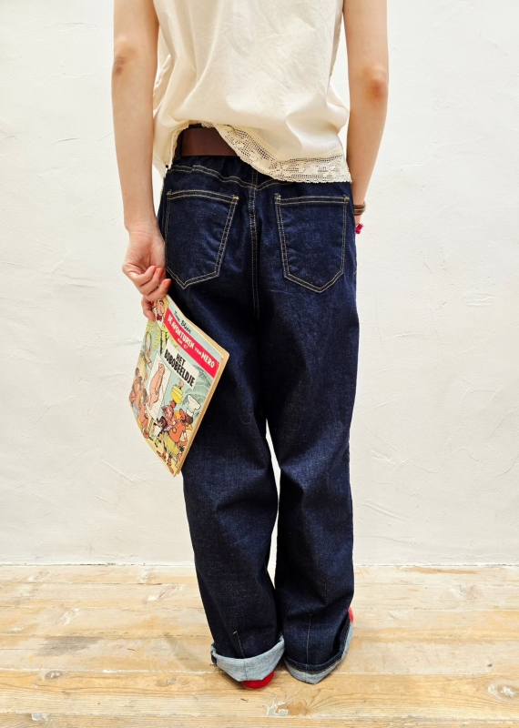 韓 後腰鬆緊深藍牛仔褲