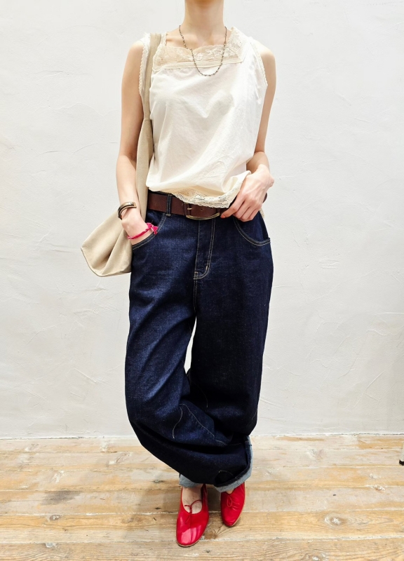 韓 後腰鬆緊深藍牛仔褲