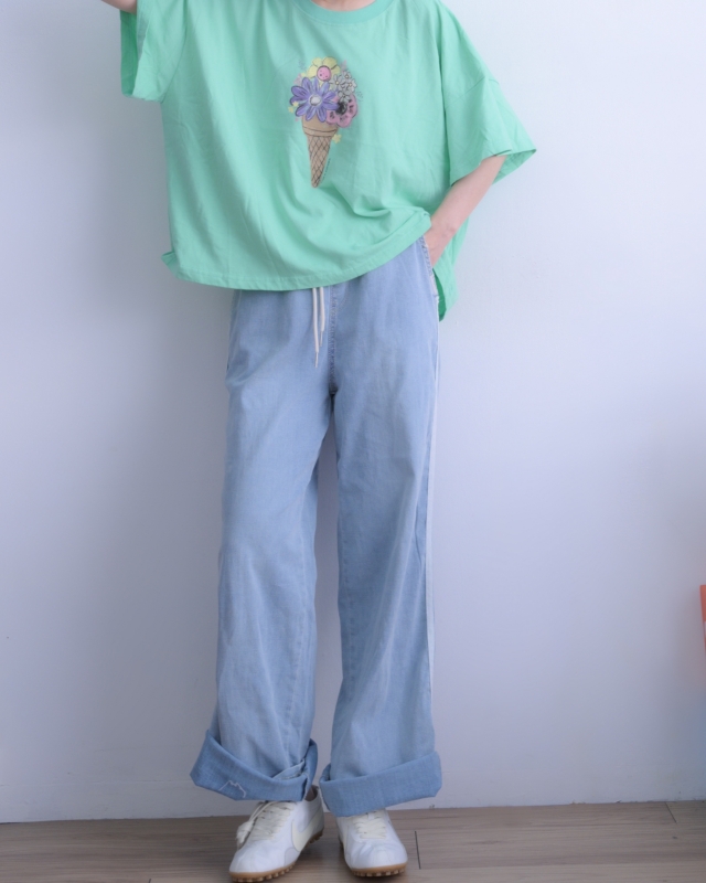 韓 側條牛仔休閒褲 size