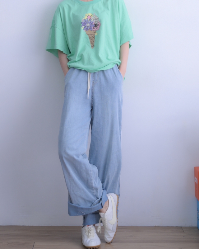 韓 側條牛仔休閒褲 size