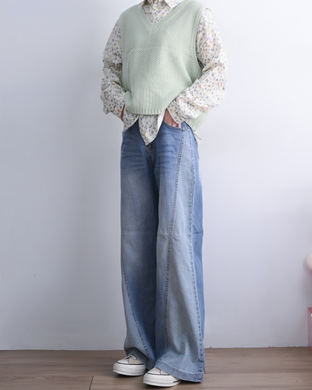 韓 斜線深淺牛仔褲 size