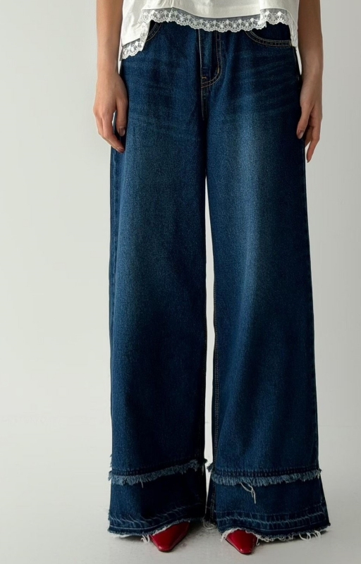 韓 雙層鬚鬚牛仔寬褲 size