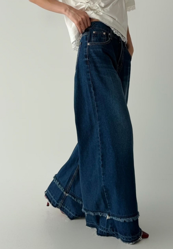 韓 雙層鬚鬚牛仔寬褲 size