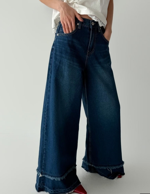 韓 雙層鬚鬚牛仔寬褲 size