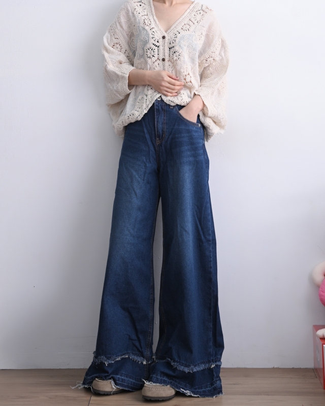 韓 雙層鬚鬚牛仔寬褲 size