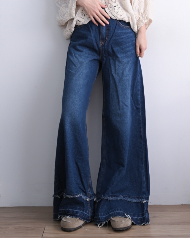 韓 雙層鬚鬚牛仔寬褲 size