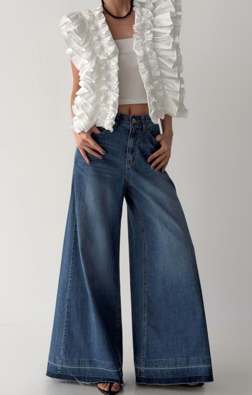 韓 深淺褲管牛仔寬褲 size