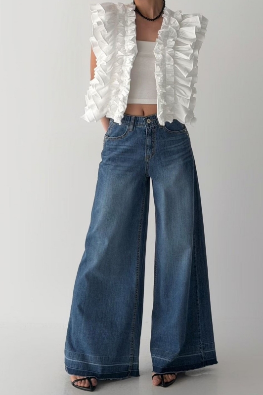 韓 深淺褲管牛仔寬褲 size