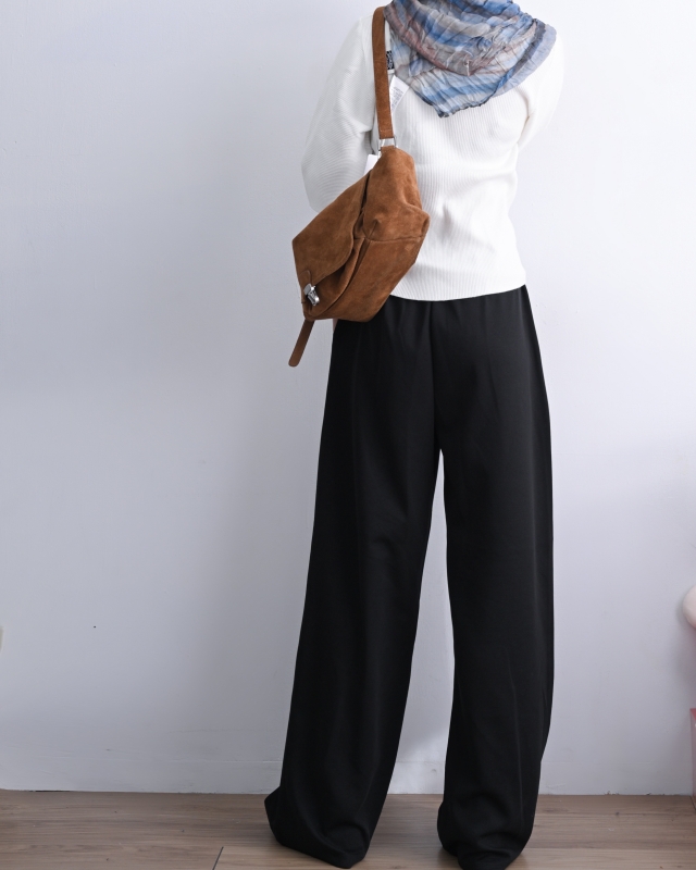 韓 腰鬆緊素色寬褲 2色