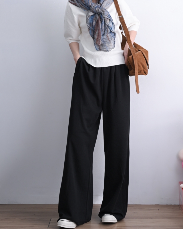 韓 腰鬆緊素色寬褲 2色