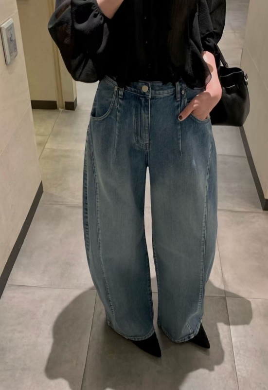 韓 側雙車線牛仔大寬褲
