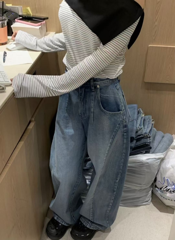 韓 側雙車線牛仔大寬褲