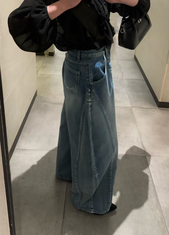 韓 側雙車線牛仔大寬褲