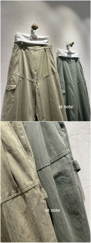 韓 彎線側口袋寬褲 2色