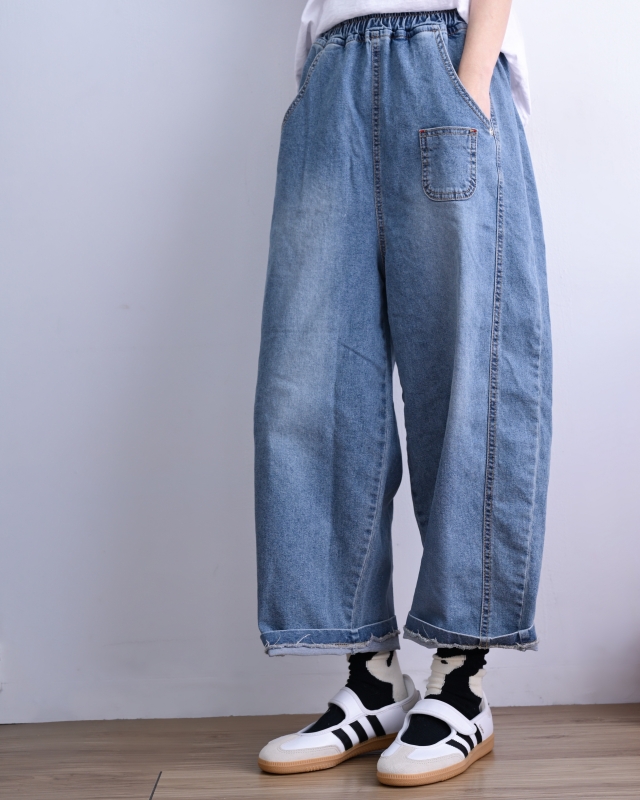 韓 小口袋牛仔寬褲