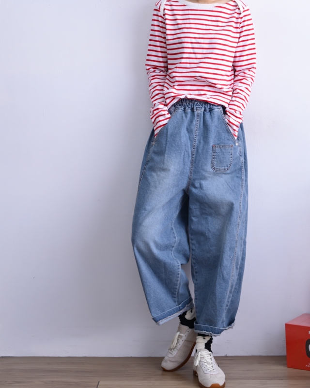 韓 小口袋牛仔寬褲