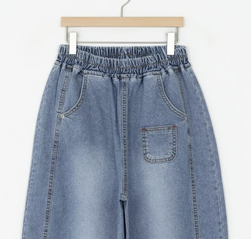 韓 小口袋牛仔寬褲