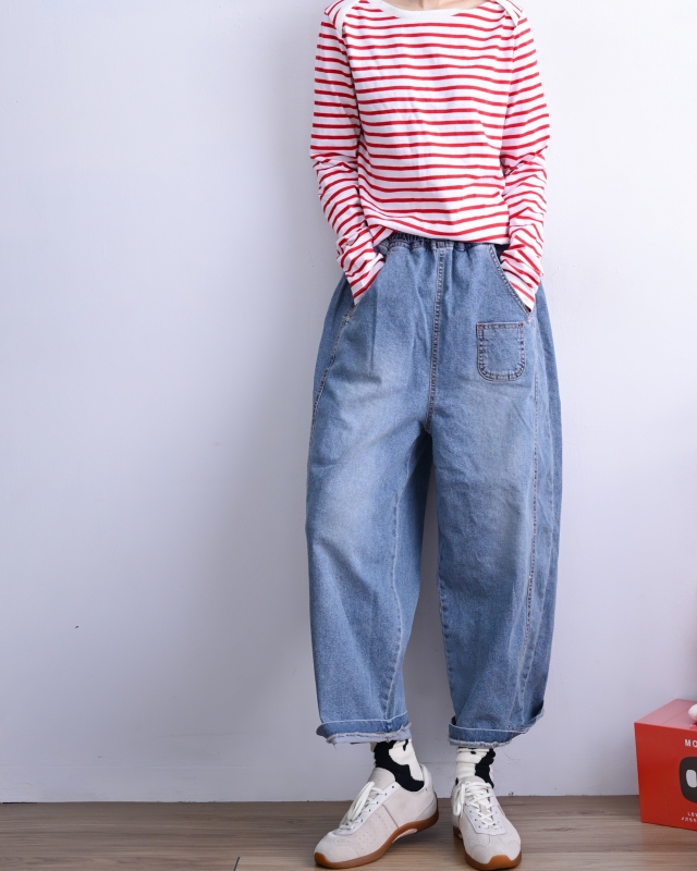 韓 小口袋牛仔寬褲