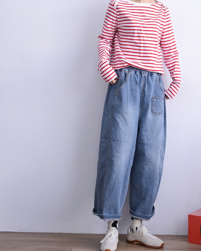 韓 小口袋牛仔寬褲